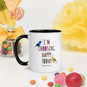 Unique “Happy” Mug ~ 2-Sided | “I’m Choosing Happy Today” + American Gold Finch Blowing a Kiss
