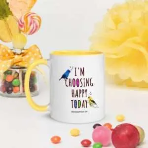 Unique “Happy” Mug ~ 2-Sided | “I’m Choosing Happy Today” + American Gold Finch Blowing a Kiss